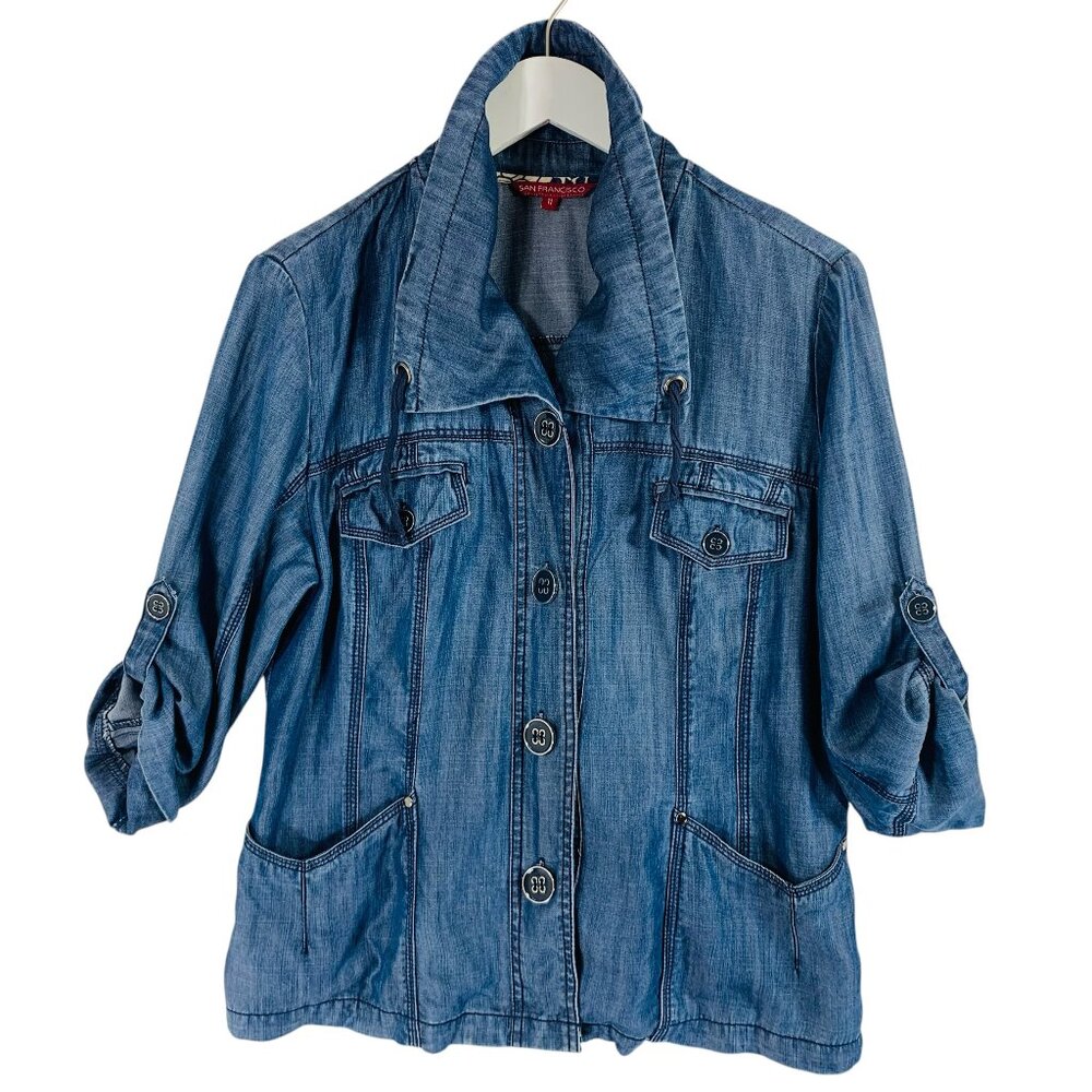 utility denim blue jean style jacket in Tencel  3/4 sleeve size 11 San Francisco